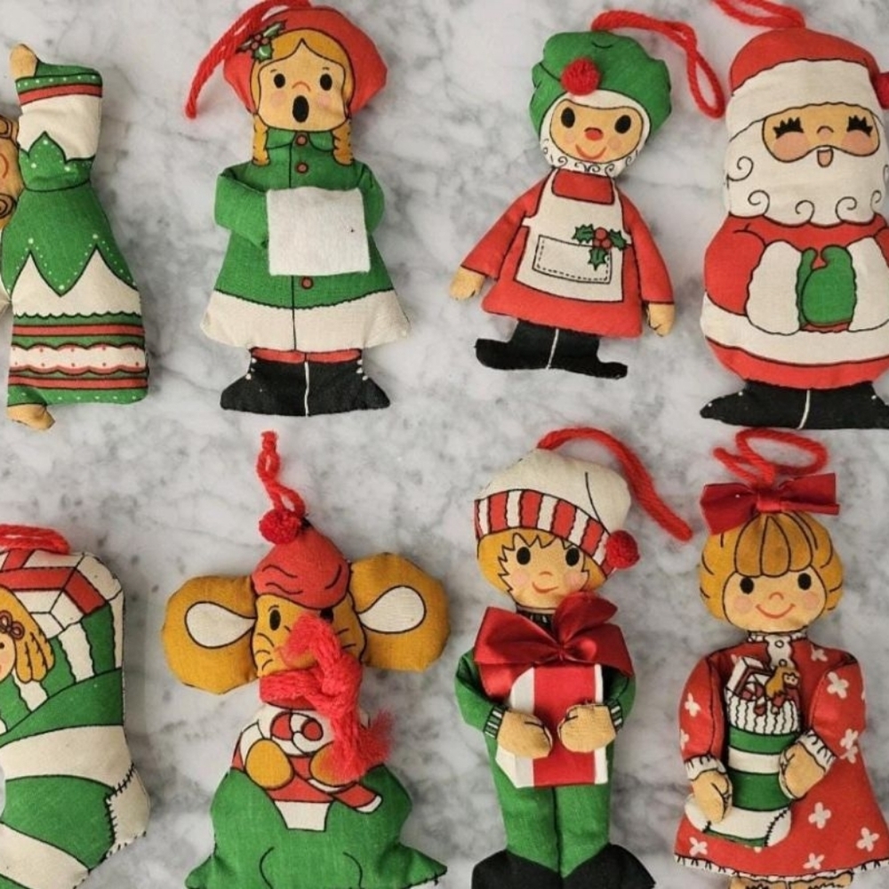 Vintage hand sawn cloth mini plush Christmas ornaments tree decor, Lot Of 8